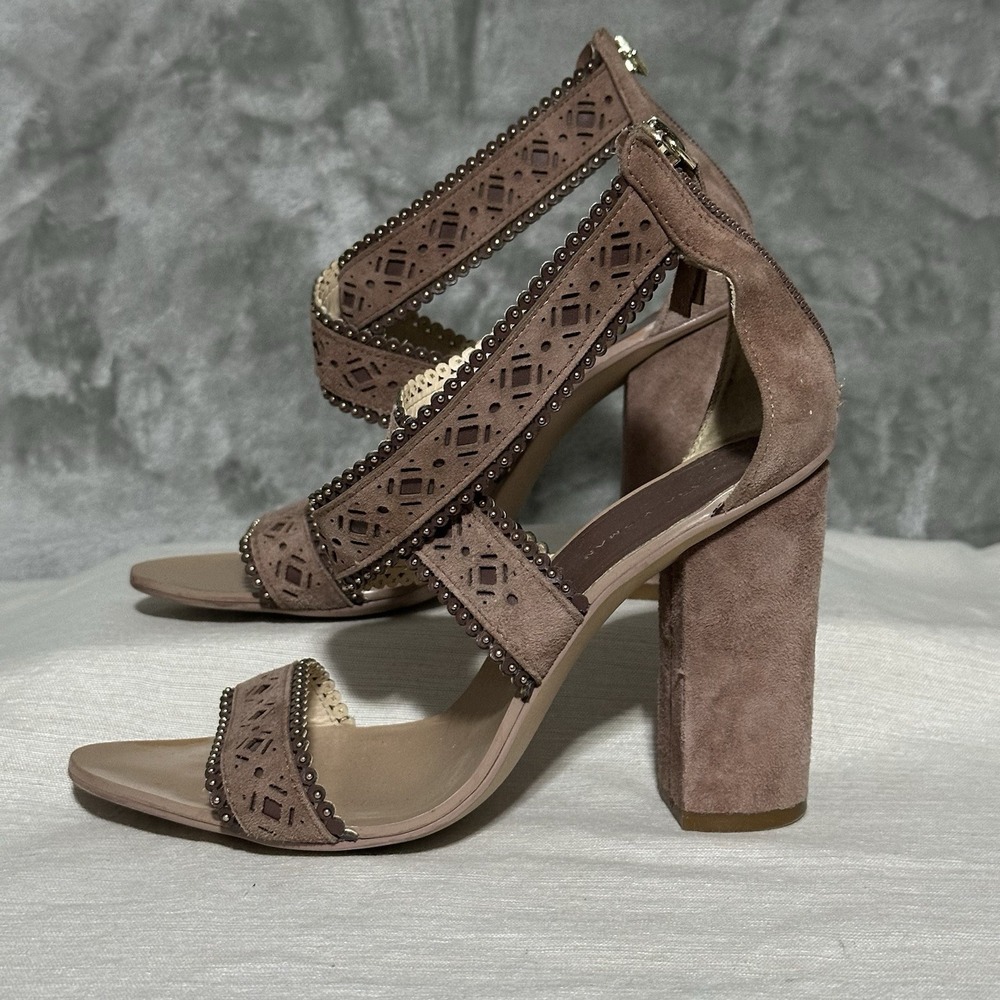 Zara Woman Suede Laser Cut Block Heel Open Toe Sandals Size US 6.5 / EU 37 pink - Picture 3 of 8